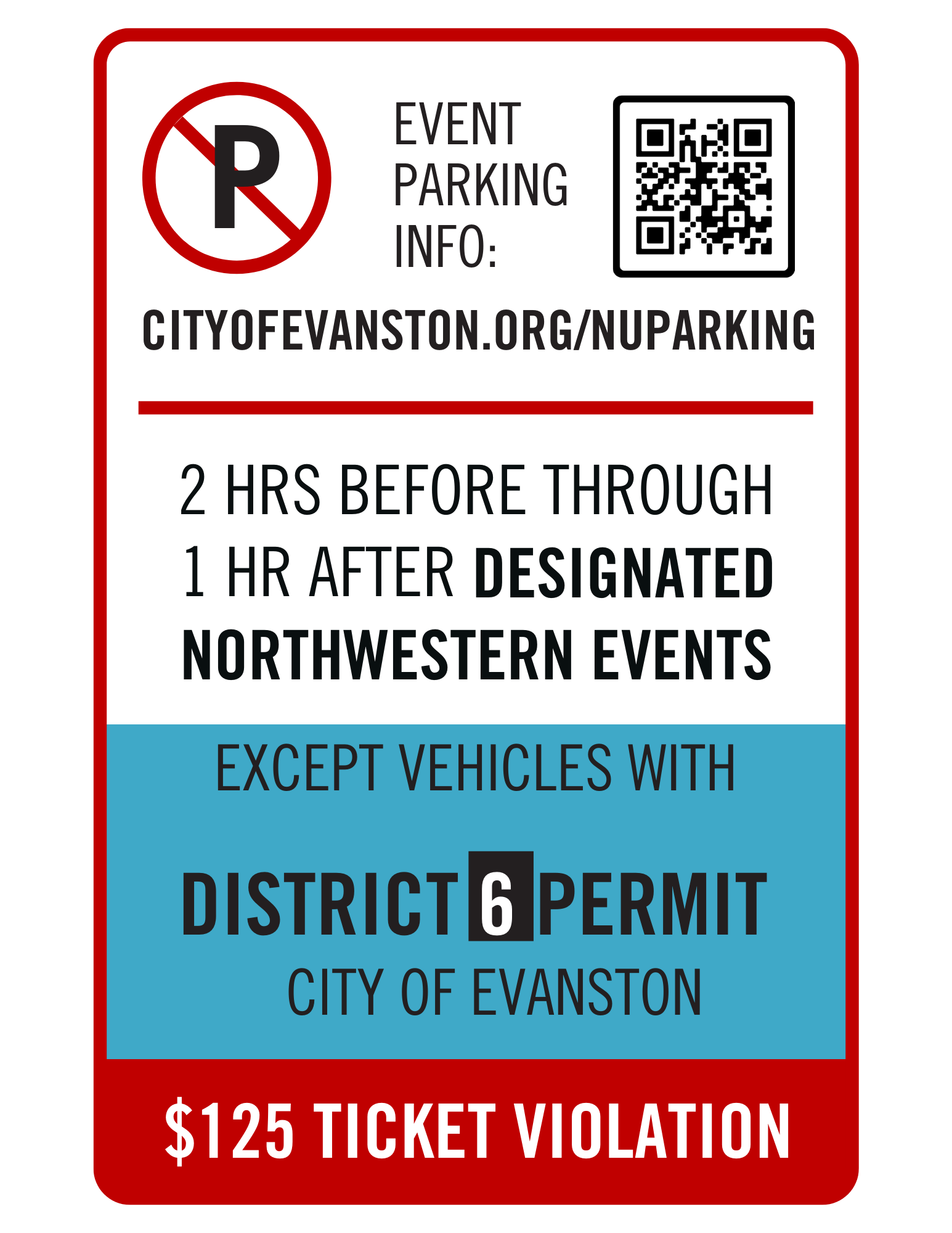 An illustration of a street sign showing the Event Parking Info for corresponding blocks.